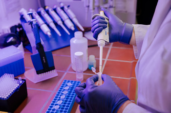 Technikerin arbeitet mit einer Pipette im Labor. Gezeigt wird die präzise Vorbereitung der Membranmodifizierung. Foto: Erik Kazak
