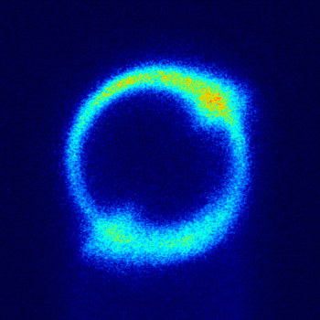 Hochgeschwindigkeitsaufnahme, die Bereiche mit erhöhter Ionisierung – Speichen – in einer Magnetron-Sputterentladung mit einem Titan-Target zeigt.