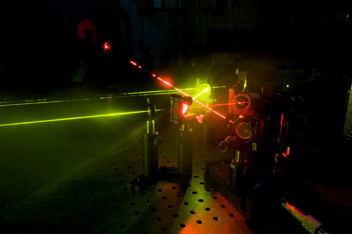 Aufbau und Strahlengang eines nicht-linearen optischen Spektroskops, das zur Untersuchung von Materialeigenschaften genutzt wird.