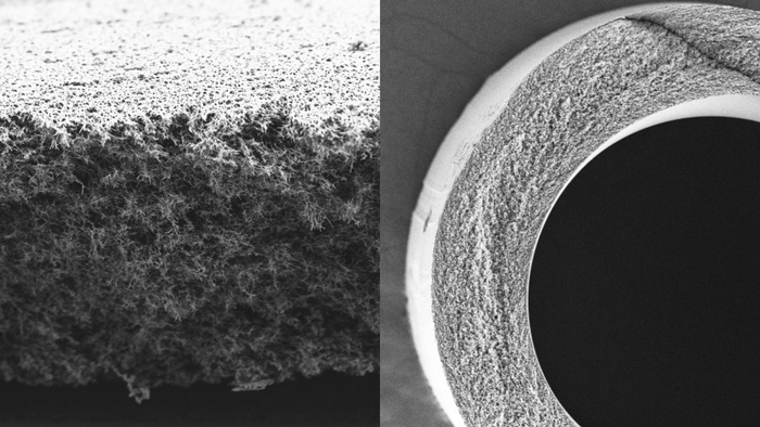 REM-Aufnahme von einer Flachfilter- und einer Hohlfasermembran. Foto: Andrea Prager REM-Aufnahme von einer Flachfilter- und einer Hohlfasermembran.