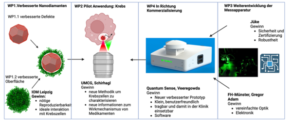 Projektgesamtübersicht mit Zuordnung der Arbeitsgebiete der einzelnen Partner. Das IOM hat den Arbeitsschwerpunkt Verbesserung des Diamantenmaterials für die Sensorik.