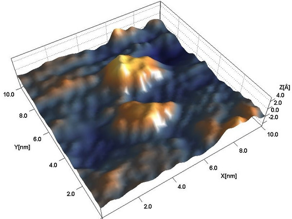 Rastertunnelmikroskopische 3D-Darstellung einzelner sanft gelandeter Anionen eines supramolekularen Polyoxometallat-Cyclodextrin-Komplexes auf einer Goldoberfläche.